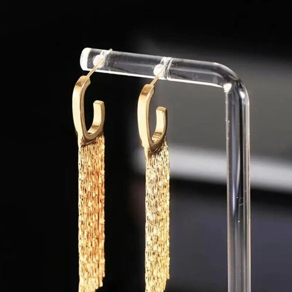 Dangle C-shape Earrings Swiping 925 stamp on pins Fashion Statement Gold Long - Picture 4 of 10
